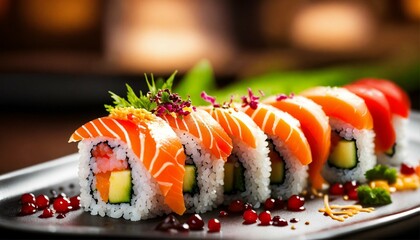sushi, rice, salmon, fish, wasabi, shrimp, cucumber, vinegar, nori, salt, sugar, avocado, ginger, seaweed, sheet, food, meal, japanese, japan, asia, asian, roll, seafood, raw, plate, fresh, gourmet