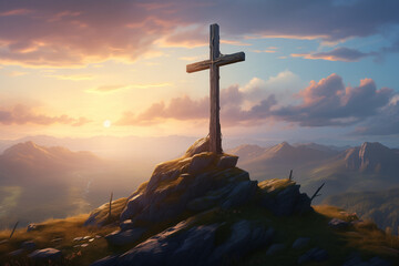 Holy cross symbolizing the death and resurrection of Jesus Christ shrouded in light and clouds at sunset