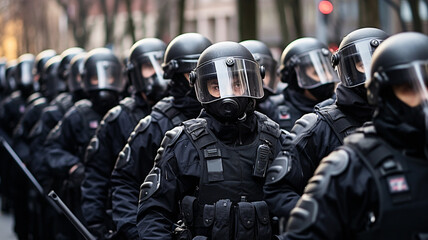 Obraz premium police officers in protective helmets and with shields on the street