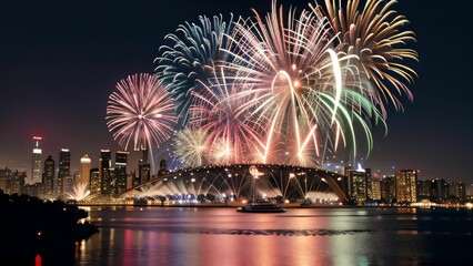 Naklejka premium Silvester Feuerwerk an Neujahr über der nächtlichen Großstadt über dem Fluss Höhenfeuerwerk, Feier, Party, Böller, Knaller