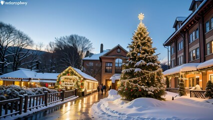 Weihnachtlich dekoriertes Haus in verschneiter Landschaft mit festlichen Lichterketten und Schnee auf dem Dach, Weihnachtsbaum im Garten, Weihnachtsstimmung, Berge und Schneelandschaft