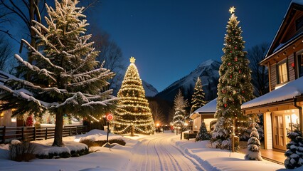 Weihnachtlich dekoriertes Haus in verschneiter Landschaft mit festlichen Lichterketten und Schnee auf dem Dach, Weihnachtsbaum im Garten, Weihnachtsstimmung, Berge und Schneelandschaft