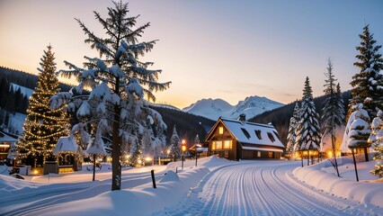Fototapeta premium Weihnachtlich dekoriertes Haus in verschneiter Landschaft mit festlichen Lichterketten und Schnee auf dem Dach, Weihnachtsbaum im Garten, Weihnachtsstimmung, Berge und Schneelandschaft