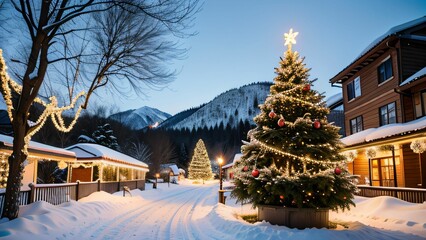 Weihnachtlich dekoriertes Haus in verschneiter Landschaft mit festlichen Lichterketten und Schnee auf dem Dach, Weihnachtsbaum im Garten, Weihnachtsstimmung, Berge und Schneelandschaft