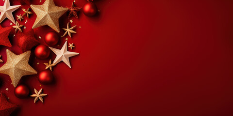 Christmas and New Year background. Festive decoration on red background. Top view