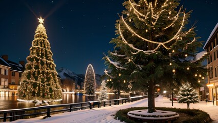 Weihnachtslandschaft mit beleuchtetem Weihnachtsbaum in verschneiter Bergkulisse