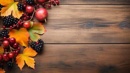 autumn composition. frame with red berries, leaves, acorns and rowan berries on a brown wooden background