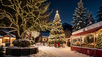 Weihnachtlich dekoriertes Haus in verschneiter Landschaft mit festlichen Lichterketten und Schnee auf dem Dach, Weihnachtsbaum im Garten, Weihnachtsstimmung, Berge und Schneelandschaft