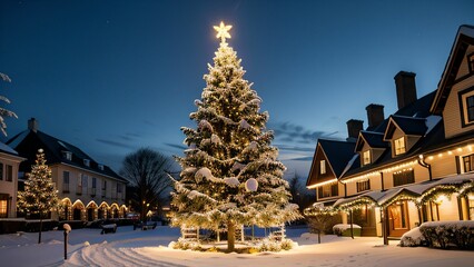 Weihnachtlich dekoriertes Haus in verschneiter Landschaft mit festlichen Lichterketten und Schnee auf dem Dach, Weihnachtsbaum im Garten, Weihnachtsstimmung, Berge und Schneelandschaft