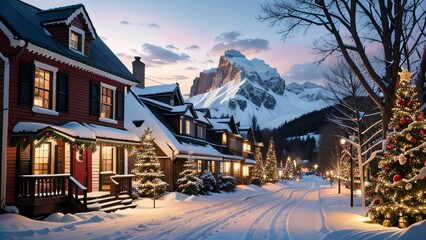 Fototapeta premium Weihnachtlich dekoriertes Haus in verschneiter Landschaft mit festlichen Lichterketten und Schnee auf dem Dach, Weihnachtsbaum im Garten, Weihnachtsstimmung, Berge und Schneelandschaft