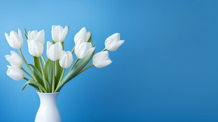 bouquet of white tulips on blue background.