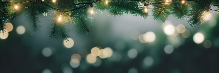 Obraz na płótnie Canvas Christmas tree green fir branches, golden lights background banner. Pine, xmas evergreen plants banner.
