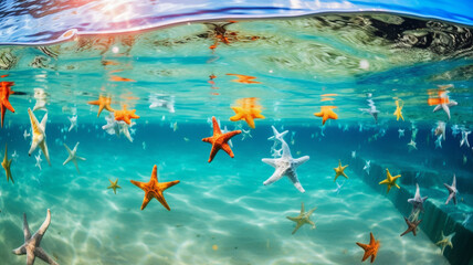 Fototapeta na wymiar underwater view of a beautiful sea with starfish