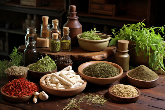 Concept of herbal medicine. herbs and oils on wooden table