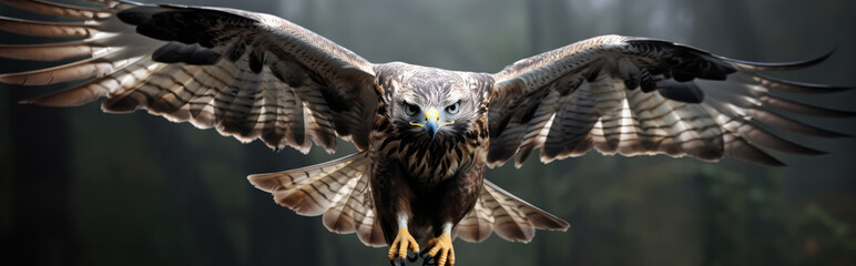 Large golden eagle gliding through misty forest, low-level sun, catching his wings - obrazy, fototapety, plakaty