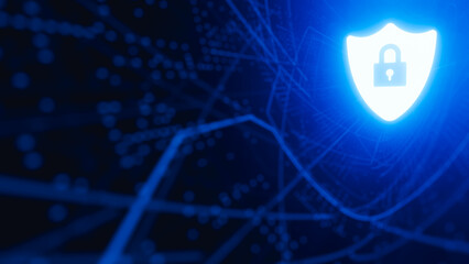 Luminous shield with padlock in upper right corner on technological blue stage, computer security