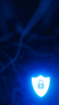 Shield with luminous padlock in lower right corner in technological scenario, computer security
