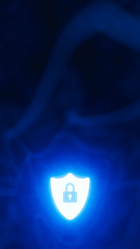 Shield with luminous padlock in lower center in technological scenario, computer security theme
