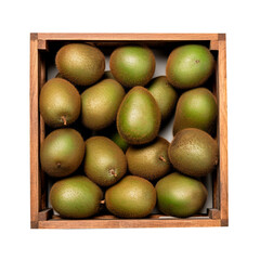 Top view of kiwi fruit in wooden box over isolated transparent background
