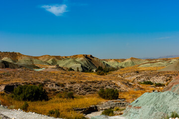 Nallihan District in Ankara, Turkey. The Girl Hill Natural Monument (Rainbow Hills) the geological structure with its colorful rainbow tones. Nallihan Bird Sanctuary.