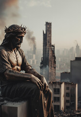 statua di un cristo seduto, triste e sconsolato con sullo sfondo una città distrutta e devastata - obrazy, fototapety, plakaty