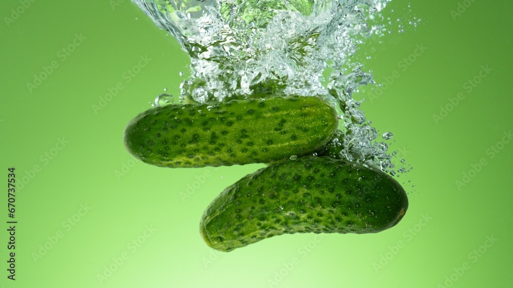 Poster Raw Cucumber Falling into Water.