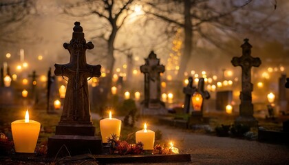 Fototapeta na wymiar Cemetery at night with lit candles, light fog