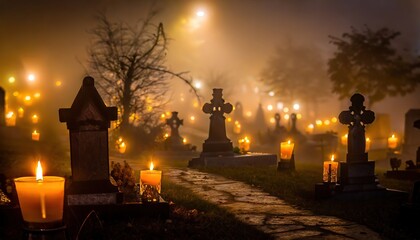Cemetery at night with lit candles, light fog