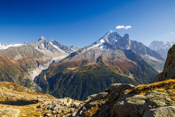 Aiguille Le Chardonnet, Glacier d'Argentière, Aiguille Verte and Aiguille Dru in Chamonix on a...
