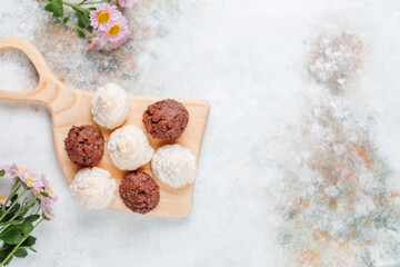 Delicious homemade meringue cookies with coconut flakes.