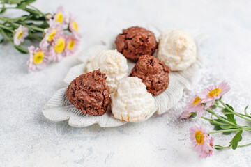 Delicious homemade meringue cookies with coconut flakes.