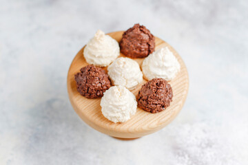Delicious homemade meringue cookies with coconut flakes.