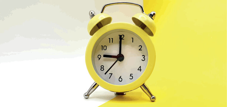 Yellow alarm clock on a white-yellow background vector. Alarm clock isolated closeup vector. Good morning. At nine o'clock in the morning. Yellow clock vector. Time concept.
