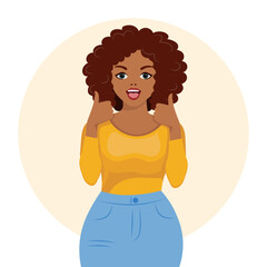 Woman with joyful expression shows hand ok, gesture. The concept of human emotions. Flat style illustration, vector