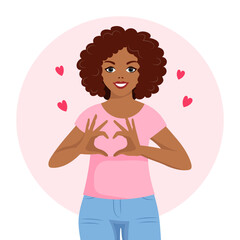 A black woman with a joyful expression shows a heart with her hands. Emotions and gestures. Flat style illustration, vector