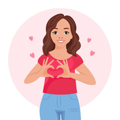 A blonde woman with a joyful expression shows a heart with her hands. Emotions and gestures. Flat style illustration, vector