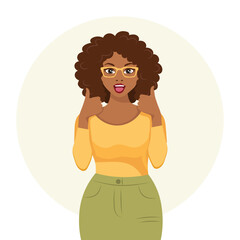 Woman with joyful expression shows hand ok, gesture. The concept of human emotions. Flat style illustration, vector