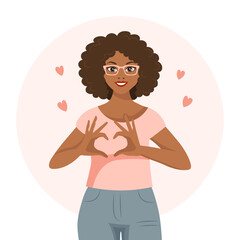 A woman in glasses with a joyful expression shows a heart with her hands. Emotions and gestures. Flat style illustration, vector