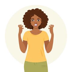 Aggressive woman with angry expression gesturing with her hands. Human emotions. Flat style illustration, vector