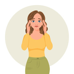 Beautiful woman with a headache, migraine. The concept of medicine and healthcare. Flat illustration, vector