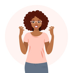 Aggressive woman with angry expression gesturing with her hands. Human emotions. Flat style illustration, vector