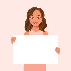 Woman with a joyful expression holding a blank banner in her hands. Flat style illustration, vector