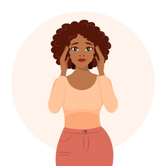 Beautiful woman with a headache, migraine. The concept of medicine and healthcare. Flat illustration, vector