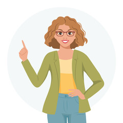 A woman with a joyful expression raised her finger up, a gesture. The concept of human emotions. Flat style illustration, vector