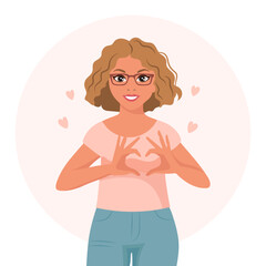 A blonde woman in glasses with a joyful expression shows a heart with her hands. Emotions and gestures. Flat style illustration, vector