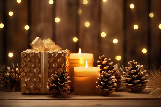 caja de regalo con lazo dorado junto velas encendidas y piñas decorativas sobre fondo gris desenfocado