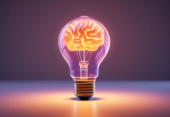 Light bulb with bright brain inside. light bulb symbolizing the human brain with bright ideas.