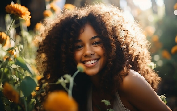Close up of female portrait of cute charming african girl among orange flowers. 