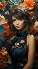 Fashion illustration of a beautiful young woman in a pretty dress with flowers posing over background. Model illustration. Generative AI