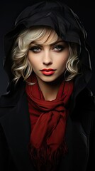 Beautiful young mysterious blond girl in black hat and black jacket on background. Eyes are covered with a hat. Manicure - long red nails, nail polish. Model illustration. Generative AI